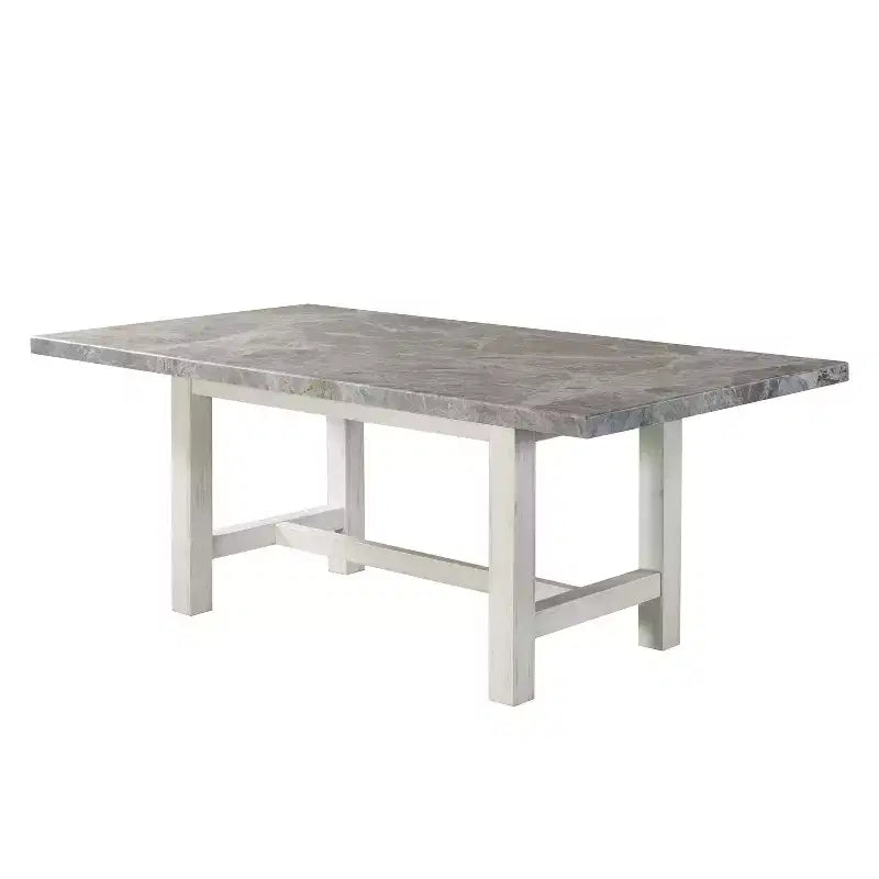 Mesa de comedor Canova con tablero de mármol blanco: Superficie gris, estructura de madera, rectangular de 6 plazas