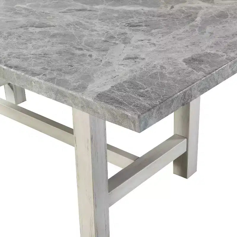 Mesa de comedor Canova con tablero de mármol blanco: Superficie gris, estructura de madera, rectangular de 6 plazas