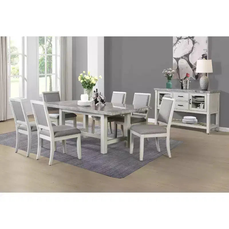 Mesa de comedor Canova con tablero de mármol blanco: Superficie gris, estructura de madera, rectangular de 6 plazas