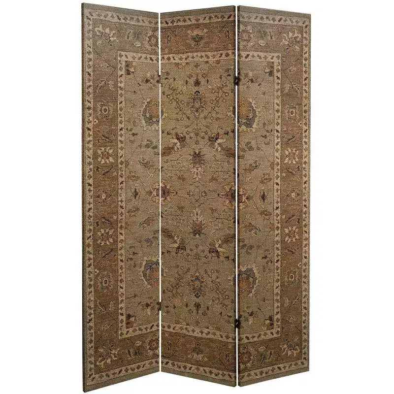 Separador de ambientes de lona con diseño de alfombra persa de 6" de doble cara beige: biombo, 3 paneles