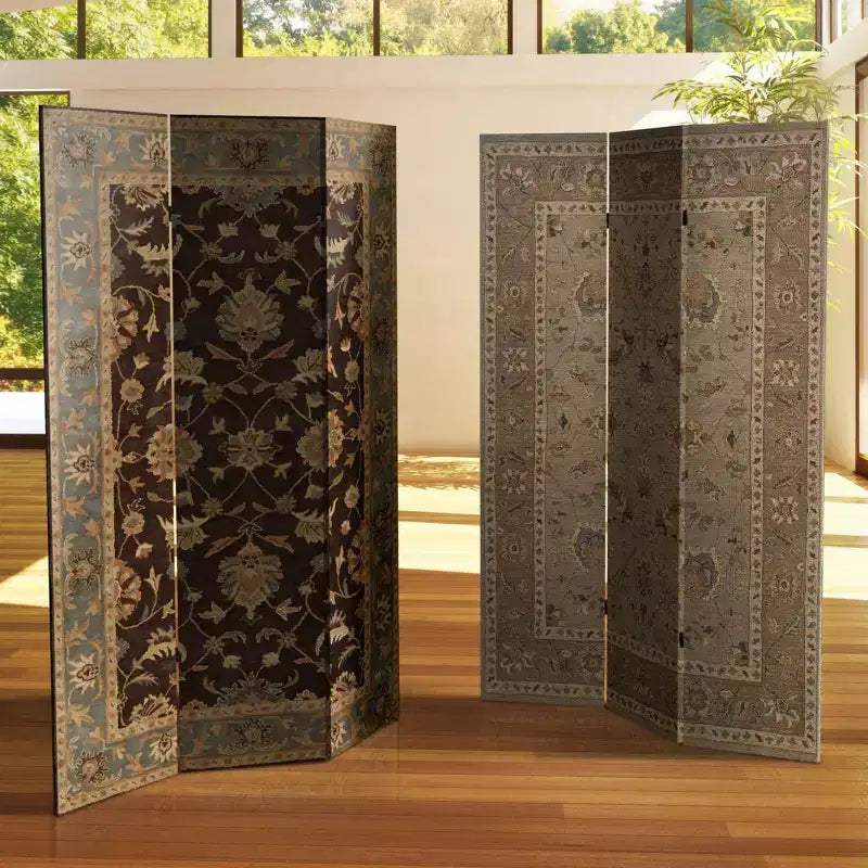 Separador de ambientes de lona con diseño de alfombra persa de 6" de doble cara beige: biombo, 3 paneles