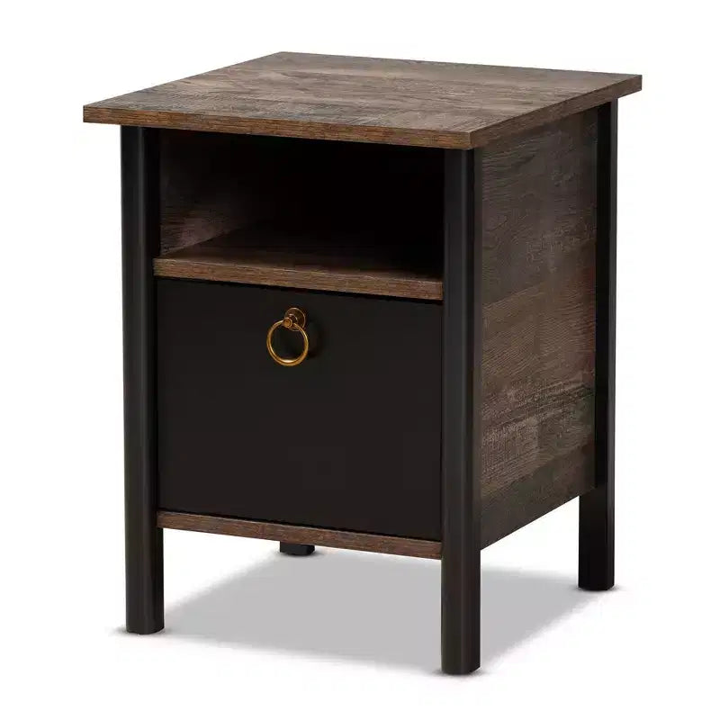 Vaughan Two-Tone Rustic Finished Wood Nightstand Walnut - Baxton Studio: Enclosed Storage, Gold-Tone Pull, Bedroom Furniture