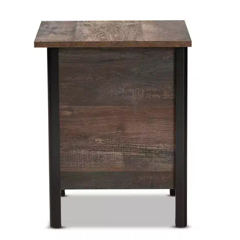 Mesita de noche Vaughan de madera rústica de dos tonos color nogal: almacenamiento cerrado, tirador dorado, muebles de dormitorio
