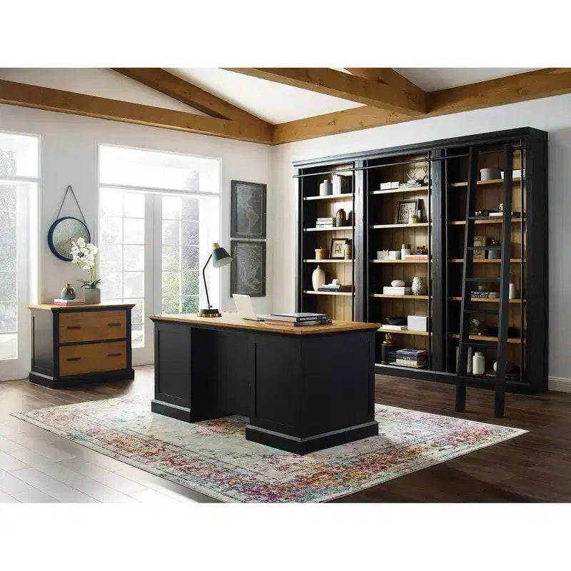 Archivador Toulouse Miel/Negro: Almacenamiento lateral de madera, sin montaje, diseño de 2 cajones