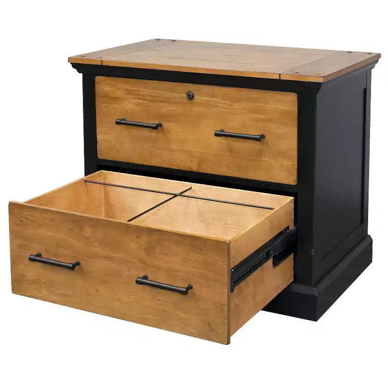 Archivador Toulouse Miel/Negro: Almacenamiento lateral de madera, sin montaje, diseño de 2 cajones