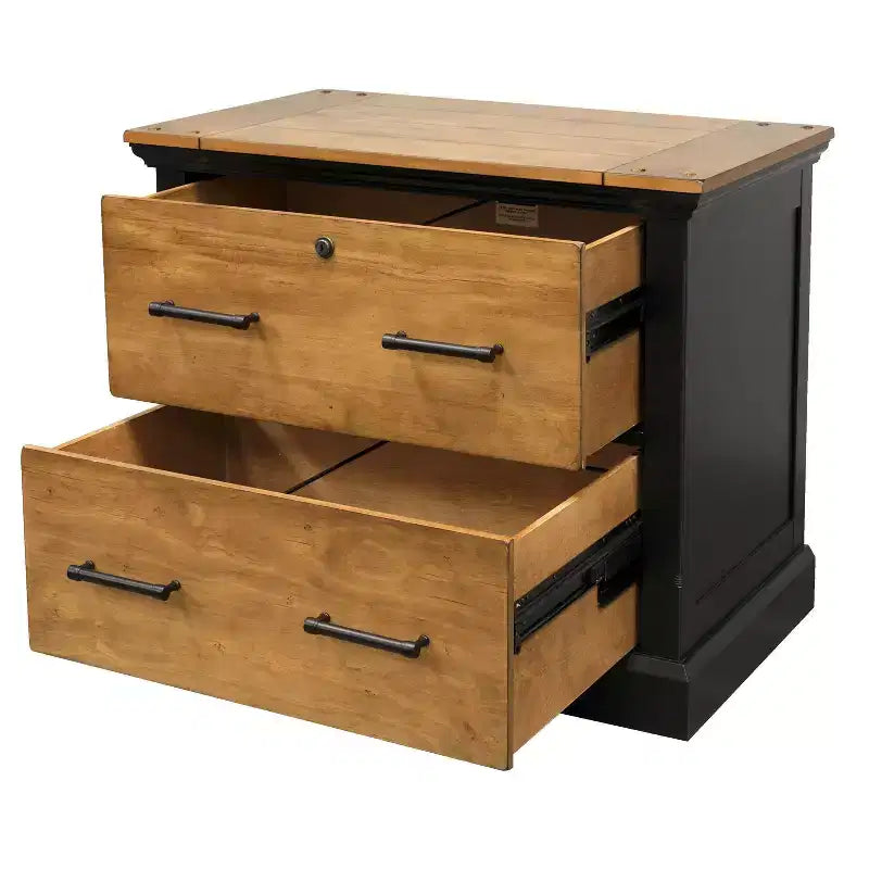 Archivador Toulouse Miel/Negro: Almacenamiento lateral de madera, sin montaje, diseño de 2 cajones