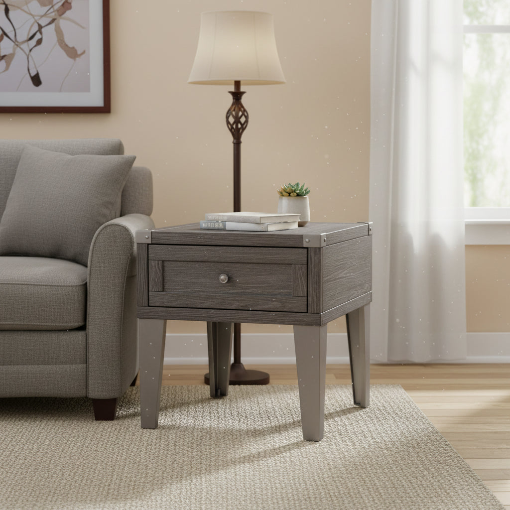 Todoe End Table with USB Ports and Outlets Dark Gray - Signature Design by Ashley: Modern Style, Storage Drawer, Wood Finish