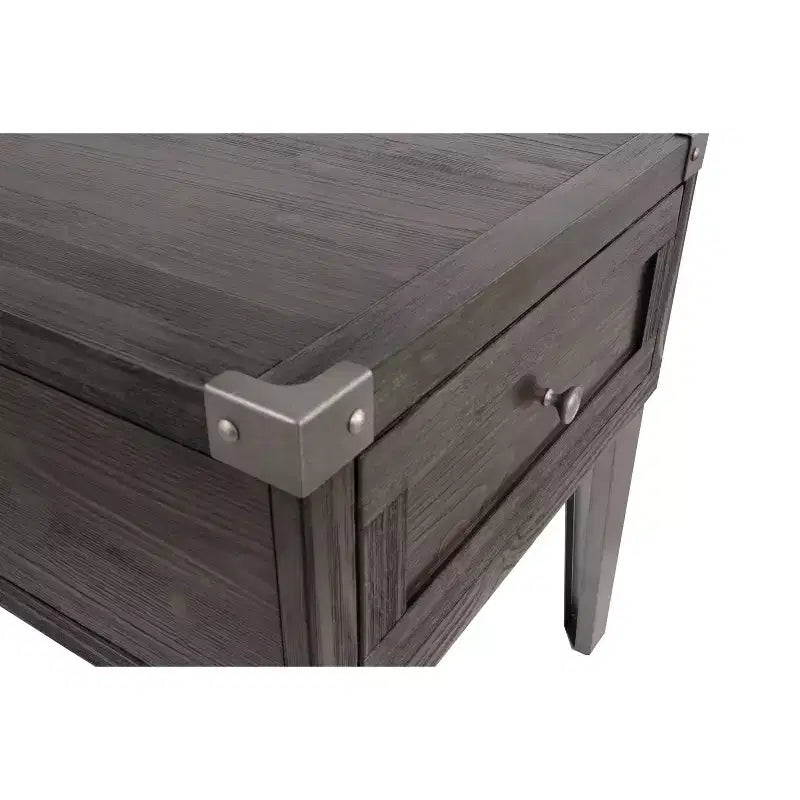 Mesa auxiliar Todoe con puertos USB y tomas de corriente gris oscuro: estilo moderno, cajón de almacenamiento, acabado en madera
