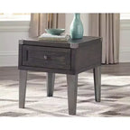 Mesa auxiliar Todoe con puertos USB y tomas de corriente gris oscuro: estilo moderno, cajón de almacenamiento, acabado en madera