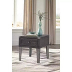 Mesa auxiliar Todoe con puertos USB y tomas de corriente gris oscuro: estilo moderno, cajón de almacenamiento, acabado en madera