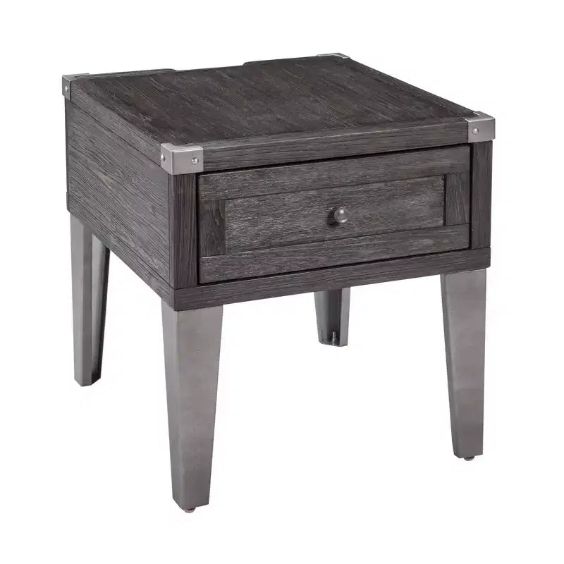 Mesa auxiliar Todoe con puertos USB y tomas de corriente gris oscuro: estilo moderno, cajón de almacenamiento, acabado en madera