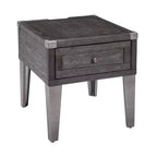 Mesa auxiliar Todoe con puertos USB y tomas de corriente gris oscuro: estilo moderno, cajón de almacenamiento, acabado en madera