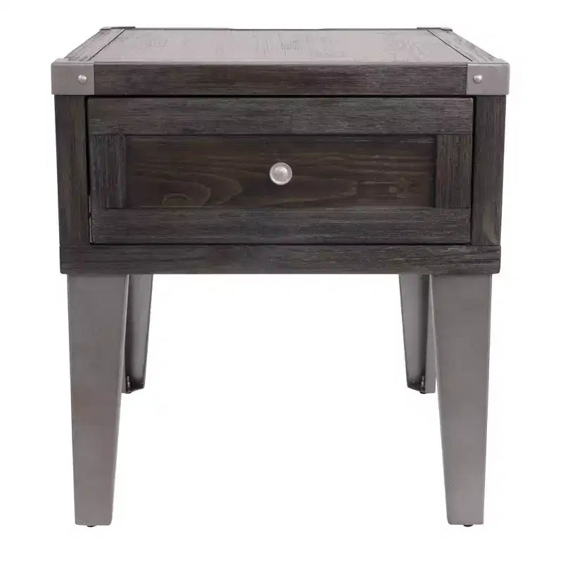 Mesa auxiliar Todoe con puertos USB y tomas de corriente gris oscuro: estilo moderno, cajón de almacenamiento, acabado en madera