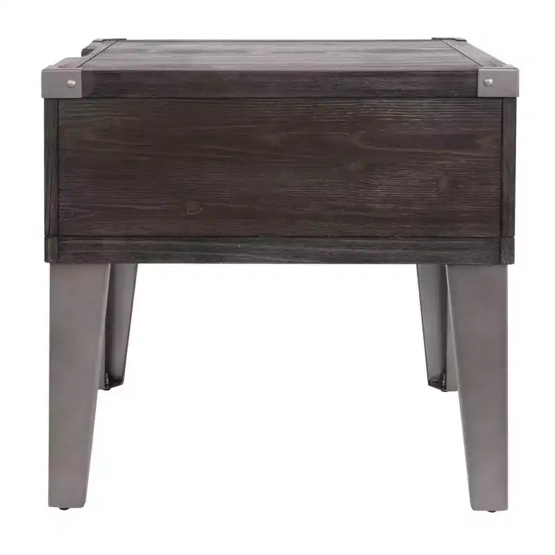 Mesa auxiliar Todoe con puertos USB y tomas de corriente gris oscuro: estilo moderno, cajón de almacenamiento, acabado en madera
