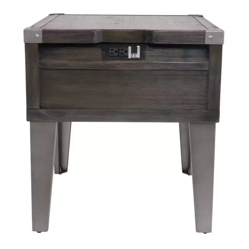 Mesa auxiliar Todoe con puertos USB y tomas de corriente gris oscuro: estilo moderno, cajón de almacenamiento, acabado en madera