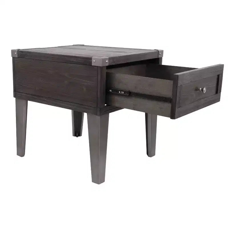 Mesa auxiliar Todoe con puertos USB y tomas de corriente gris oscuro: estilo moderno, cajón de almacenamiento, acabado en madera