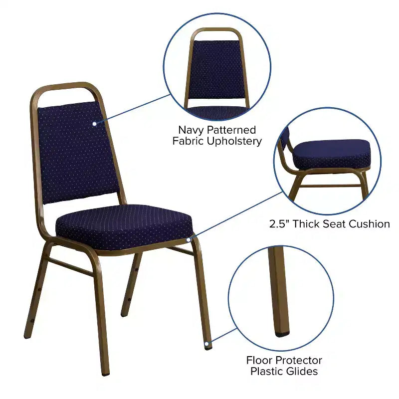 Silla de banquete apilable con respaldo trapezoidal y asiento de 6.35 cm de grosor
