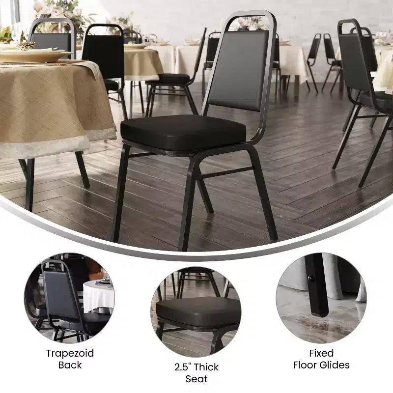 Silla de banquete apilable con respaldo trapezoidal y asiento de 6.35 cm de grosor