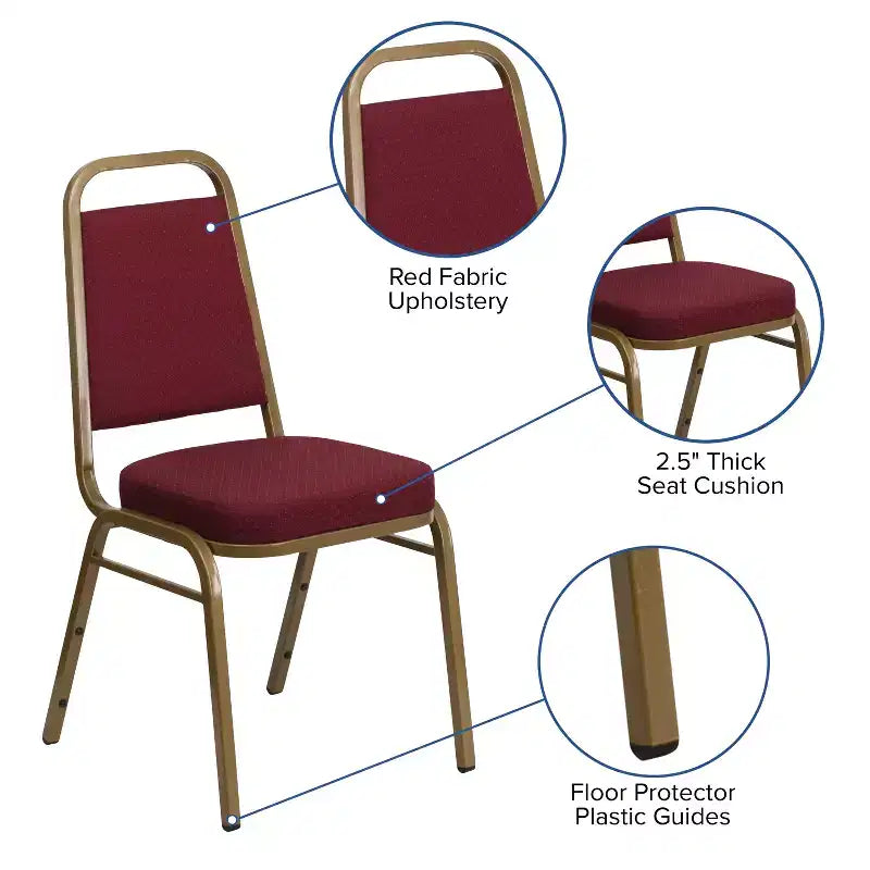 Silla de banquete apilable con respaldo trapezoidal y asiento de 6.35 cm de grosor