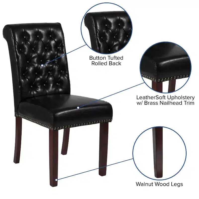 Silla de comedor Parson tapizada con respaldo enrollado, ribete de tachuelas y estructura con acabado y deslizadores de plástico para el suelo