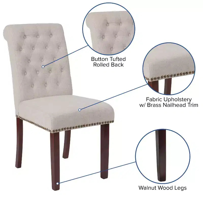 Silla de comedor Parson tapizada con respaldo enrollado, ribete de tachuelas y estructura con acabado y deslizadores de plástico para el suelo