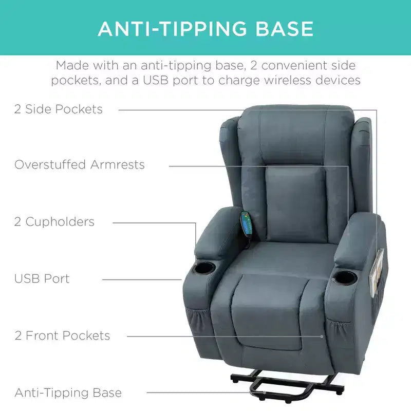Sillón Reclinable Eléctrico con Masaje, Puerto USB, Calefacción y Portavasos