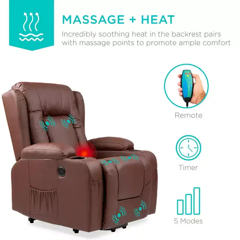 Sillón Reclinable Eléctrico con Masaje, Puerto USB, Calefacción y Portavasos