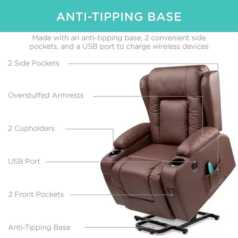 Sillón Reclinable Eléctrico con Masaje, Puerto USB, Calefacción y Portavasos
