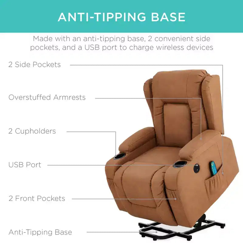Sillón Reclinable Eléctrico con Masaje, Puerto USB, Calefacción y Portavasos