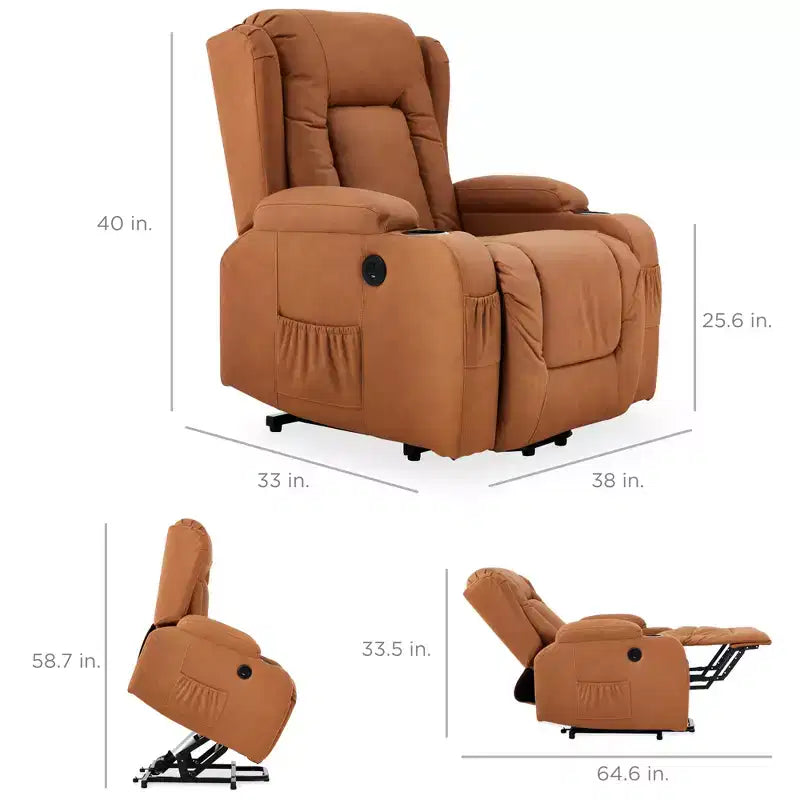 Sillón Reclinable Eléctrico con Masaje, Puerto USB, Calefacción y Portavasos