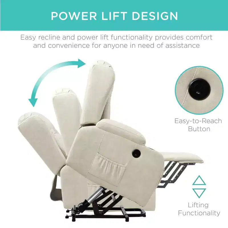Sillón Reclinable Eléctrico con Masaje, Puerto USB, Calefacción y Portavasos