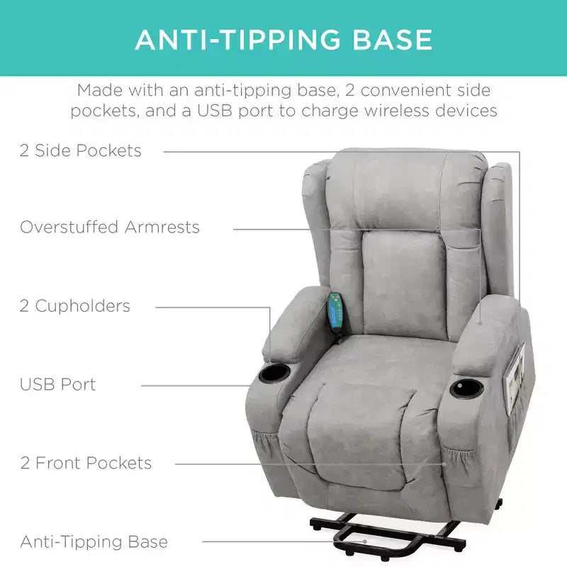 Sillón Reclinable Eléctrico con Masaje, Puerto USB, Calefacción y Portavasos
