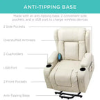 Sillón Reclinable Eléctrico con Masaje, Puerto USB, Calefacción y Portavasos