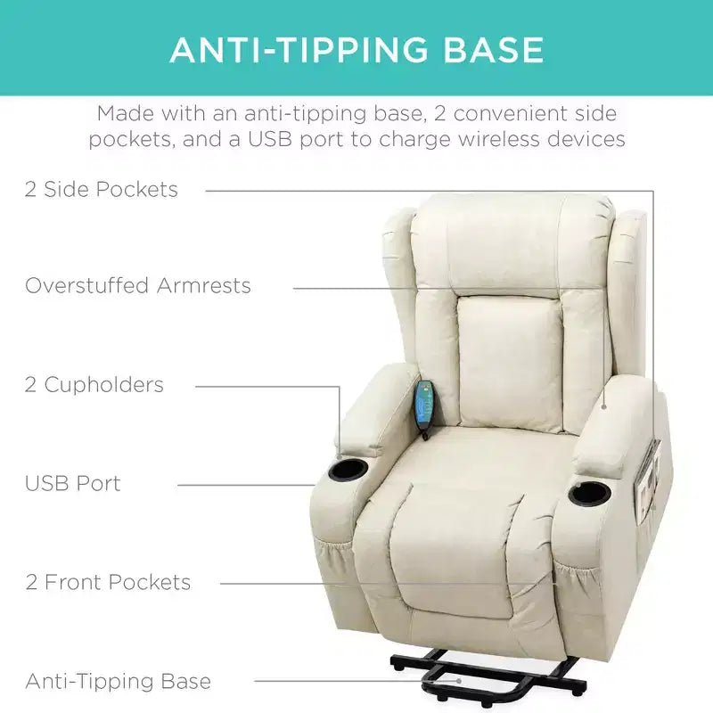 Sillón Reclinable Eléctrico con Masaje, Puerto USB, Calefacción y Portavasos