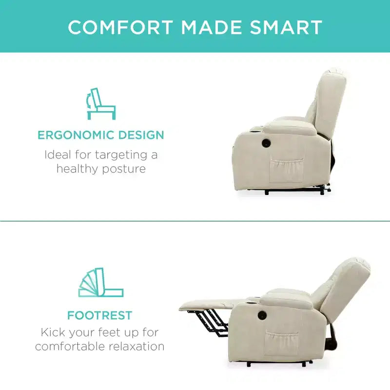 Sillón Reclinable Eléctrico con Masaje, Puerto USB, Calefacción y Portavasos